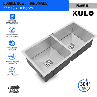 Handmade Double Bowl 304-Grade Kitchen Sink (37 x 18 x 10 Inches) - by Kulo ™