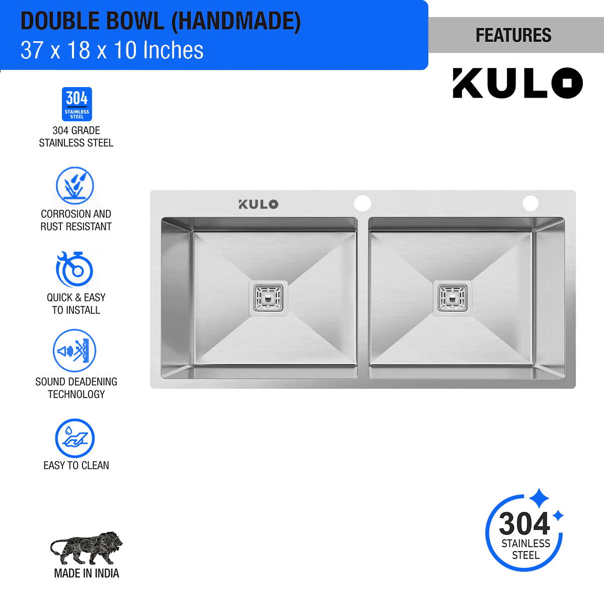 Handmade Double Bowl 304-Grade Kitchen Sink (37 x 18 x 10 Inches) with Tap Hole - by Kulo ™