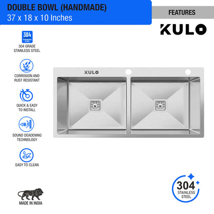 Handmade Double Bowl 304-Grade Kitchen Sink (37 x 18 x 10 Inches) with Tap Hole - by Kulo ™