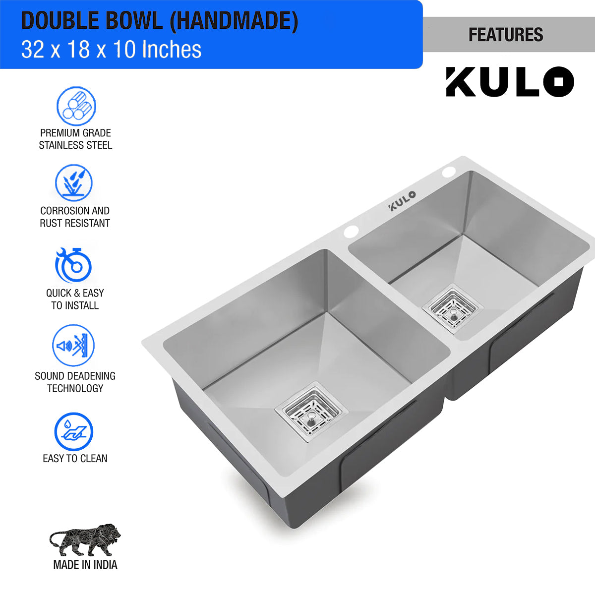 Handmade Double Bowl Premium Stainless Steel Kitchen Sink (32 x 18 x 10 Inches) with tap hole - by Kulo™