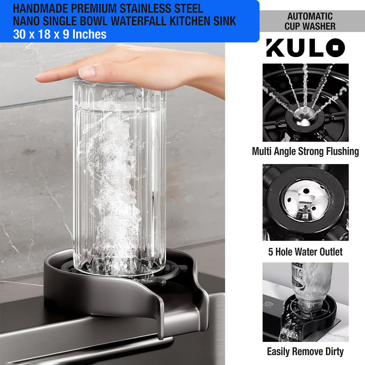 Handmade Premium Nano Kitchen Sink with Integrated Waterfall, Pull-Out & RO Faucet (30 x 18 x 9 Inches) - by Kulo ™