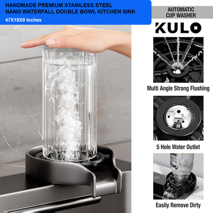 Handmade Premium Nano Kitchen Sink with Integrated Waterfall, Pull-Out & RO Faucet (47 x 18 x 9 Inches) - by Kulo ™