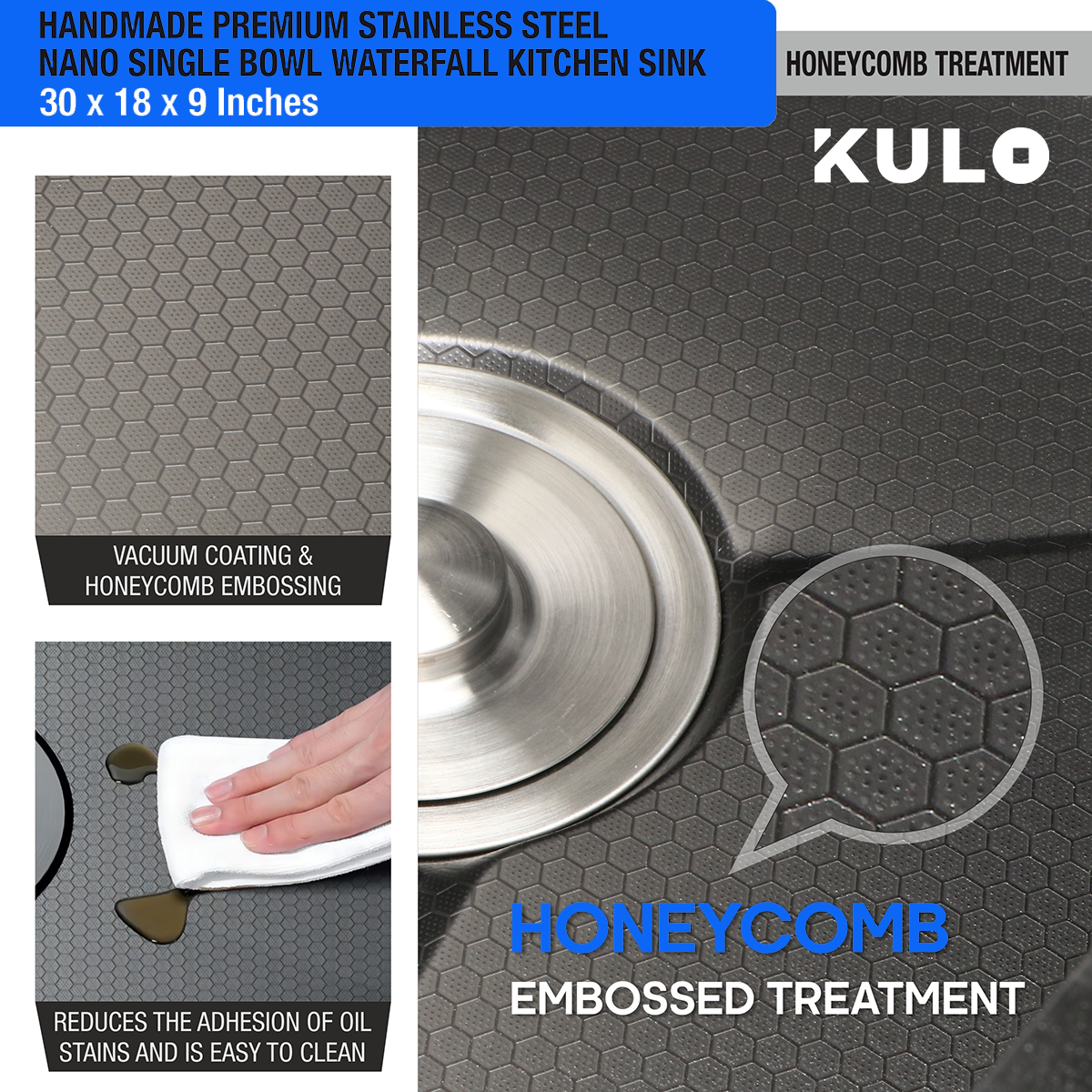 Handmade Premium Nano Kitchen Sink with Integrated Waterfall, Pull-Out & RO Faucet (30 x 18 x 9 Inches) - by Kulo ™