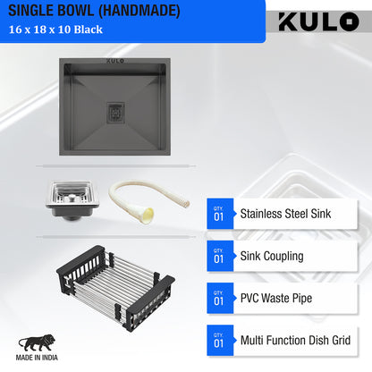 Black Handmade Single Bowl Premium Stainless Steel Kitchen Sink (16x 18 x 10 Inches) - by Kulo™