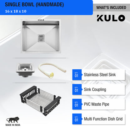 Handmade Single Bowl Premium Stainless Steel Kitchen Sink (16 x 18 x 10 Inches) - by Kulo™