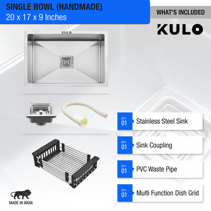 Handmade Single Bowl Premium Stainless Steel Kitchen Sink (20 x 17 x 10 Inches) - by Kulo™