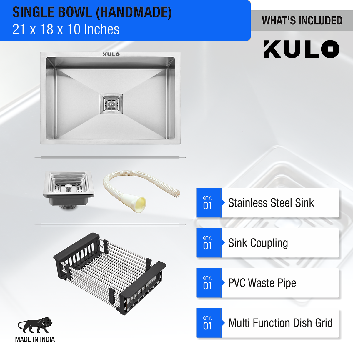 Handmade Single Bowl Premium Stainless Steel Kitchen Sink (21 x 18 x 10 Inches) - by Kulo™