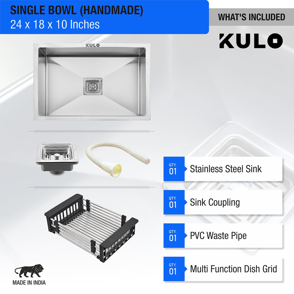 Handmade Single Bowl Premium Stainless Steel Kitchen Sink (24 x 18 x 10 Inches) - by Kulo™