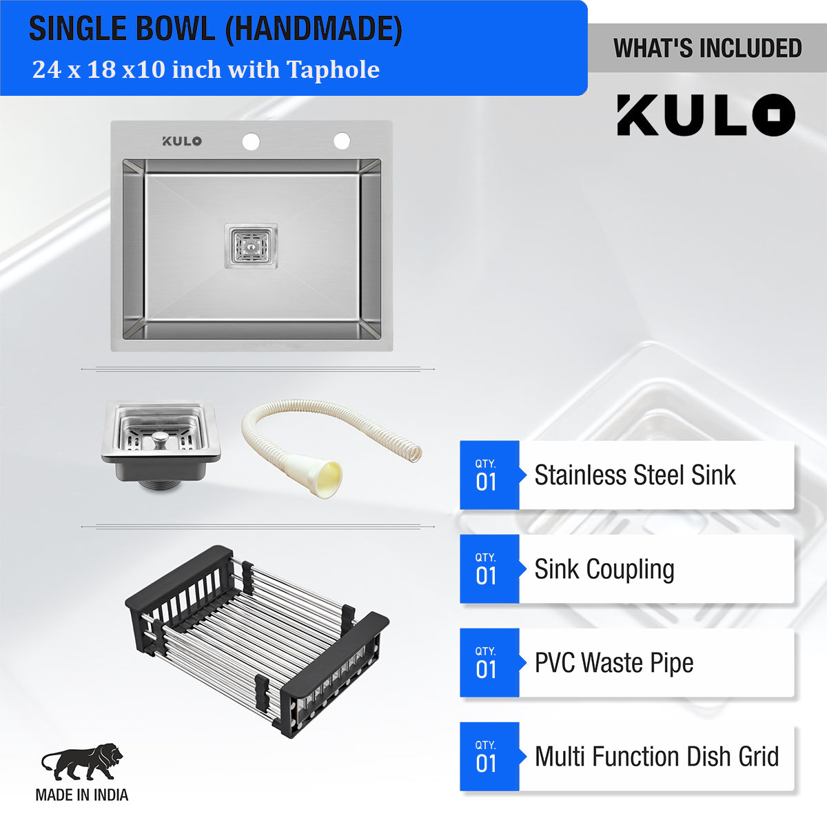 Handmade Single Bowl Premium Stainless Steel Kitchen Sink (24 x 18 x 10 Inches) with tap hole - by Kulo™