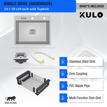 Handmade Single Bowl 304-Grade Kitchen Sink (24 x 18 x 10 Inches) With Tap Hole - by Kulo™