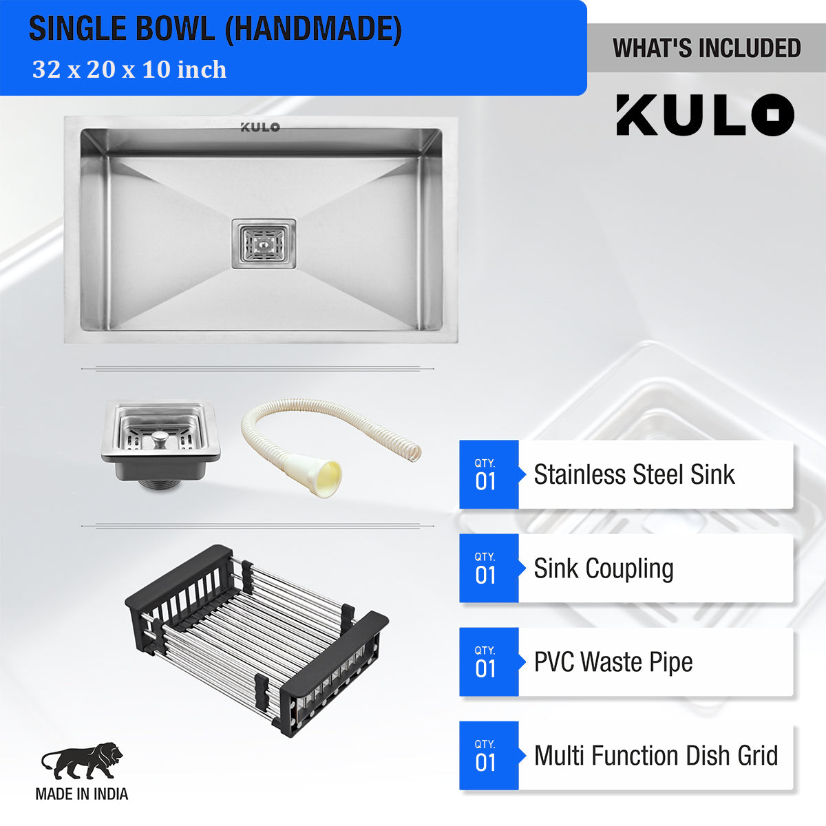 Handmade Single Bowl Premium Stainless Steel Kitchen Sink (32 x 20 x 10 Inches) - by Kulo™