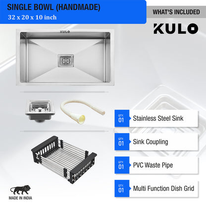 Handmade Single Bowl Premium Stainless Steel Kitchen Sink (32 x 20 x 10 Inches) - by Kulo™