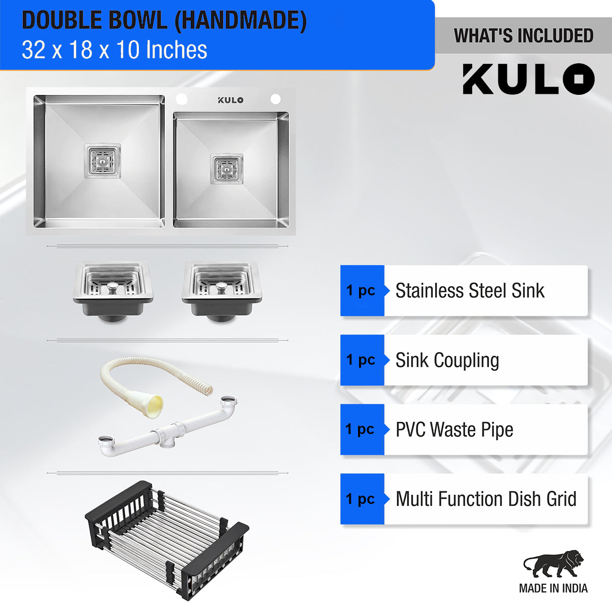 Handmade Double Bowl Premium Stainless Steel Kitchen Sink (32 x 18 x 10 Inches) with tap hole - by Kulo™