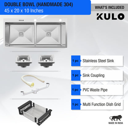 Handmade Double Bowl Premium Stainless Steel Kitchen Sink (45 x 20 x 10 Inches) with tap hole - by Kulo™