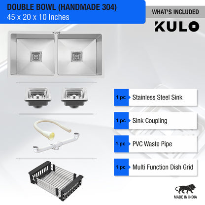 Handmade Double Bowl 304-Grade Kitchen Sink (45 x 20 x 10 Inches) - by Kulo ™