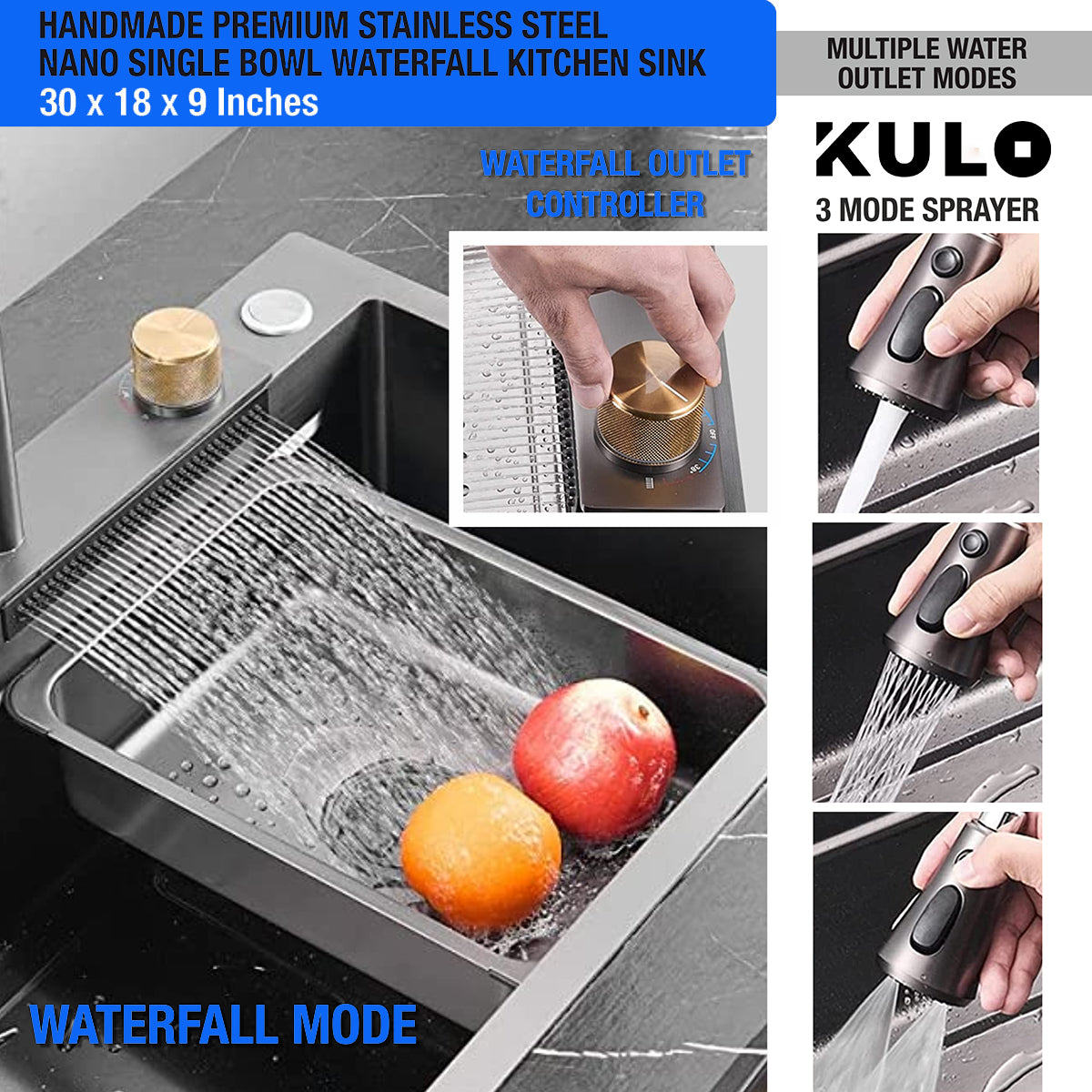 Handmade Premium Nano Kitchen Sink with Integrated Waterfall, Pull-Out & RO Faucet (30 x 18 x 9 Inches) - by Kulo ™