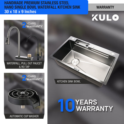 Handmade Premium Nano Kitchen Sink with Integrated Waterfall, Pull-Out & RO Faucet (30 x 18 x 9 Inches) - by Kulo ™